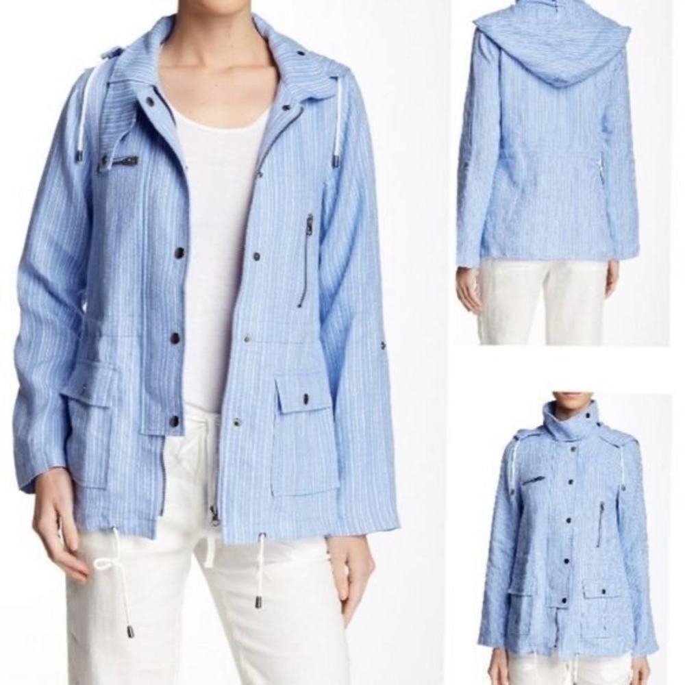 Joie Blue‎ White Striped 100% Linen Hooded Utility Anorak Jacket Womens Small